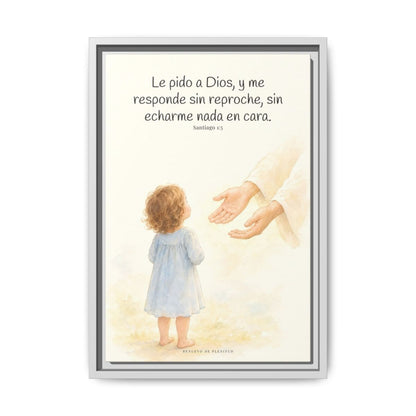 Dios me responde sin echármelo en cara — Lienzo Cristiano Enmarcado | Santiago 1:5 — 12×18 pulgadas, marco blanco, vista frontal