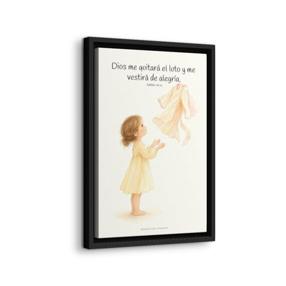 Dios me vestirá de alegría | Cuadro cristiano enmarcado | Salmo 30:11 — 12×18 pulgadas, marco negro, vista lateral del marco flotante