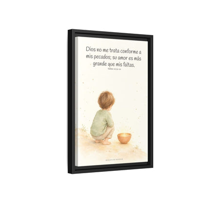 Dios no me trata como mis pecados merecen | Cuadro de inspiración bíblica | Salmo 103:9-10 — 12×18 pulgadas, marco negro, vista lateral del marco flotante