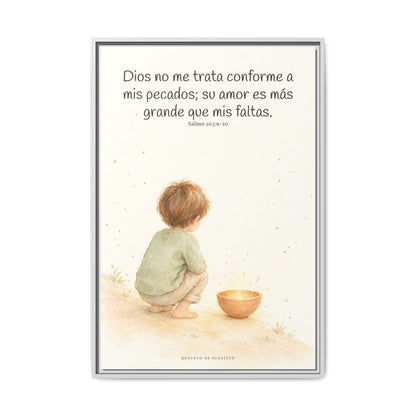 Dios no me trata como mis pecados merecen | Cuadro de inspiración bíblica | Salmo 103:9-10 — 24×36 pulgadas, marco blanco, vista frontal