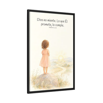 Dios no miente: sus promesas siempre se cumplen — Lienzo Cristiano Enmarcado | Números 23:19 — 24×36 pulgadas, marco negro, vista lateral del marco flotante
