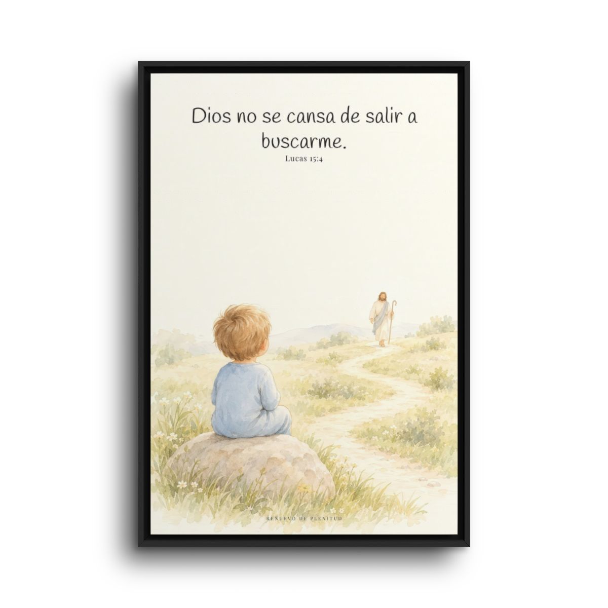 Dios no se cansa de buscarme | Lienzo de fe para el hogar | Lucas 15:4 — 24×36 pulgadas, marco negro, vista frontal