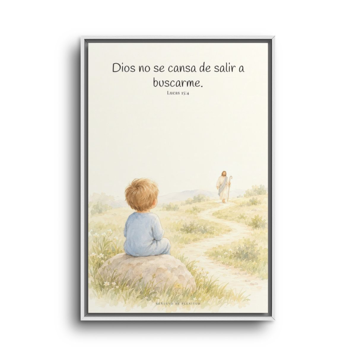 Dios no se cansa de buscarme | Lienzo de fe para el hogar | Lucas 15:4 — 24×36 pulgadas, marco blanco, vista frontal