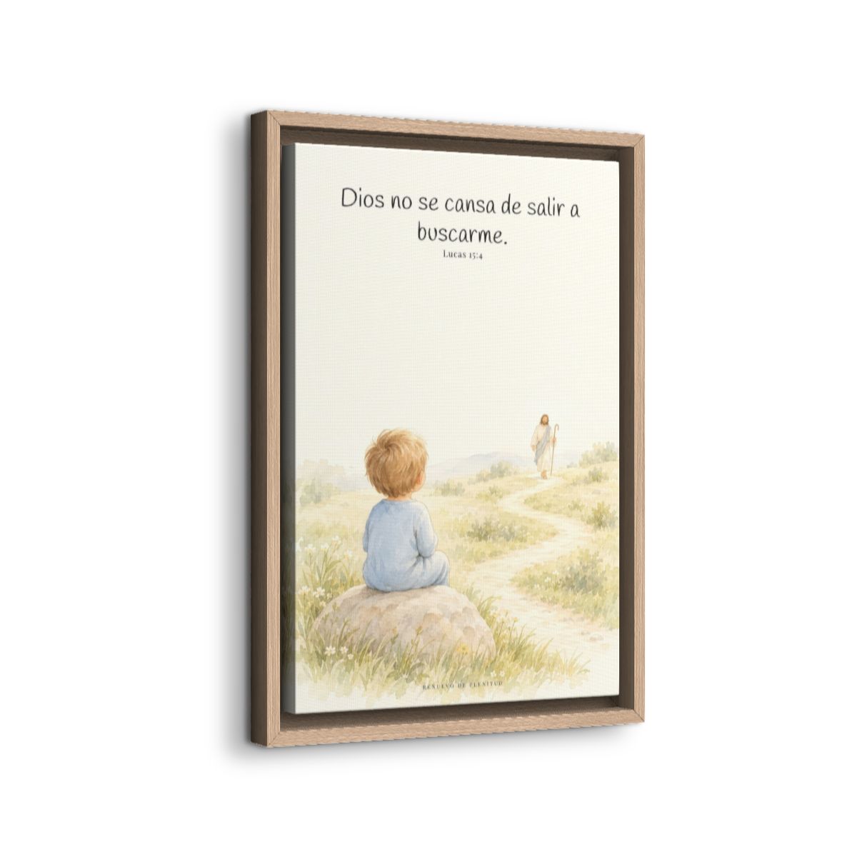 Dios no se cansa de buscarme | Lienzo de fe para el hogar | Lucas 15:4 — 12×18 pulgadas, marco natural, vista lateral del marco flotante