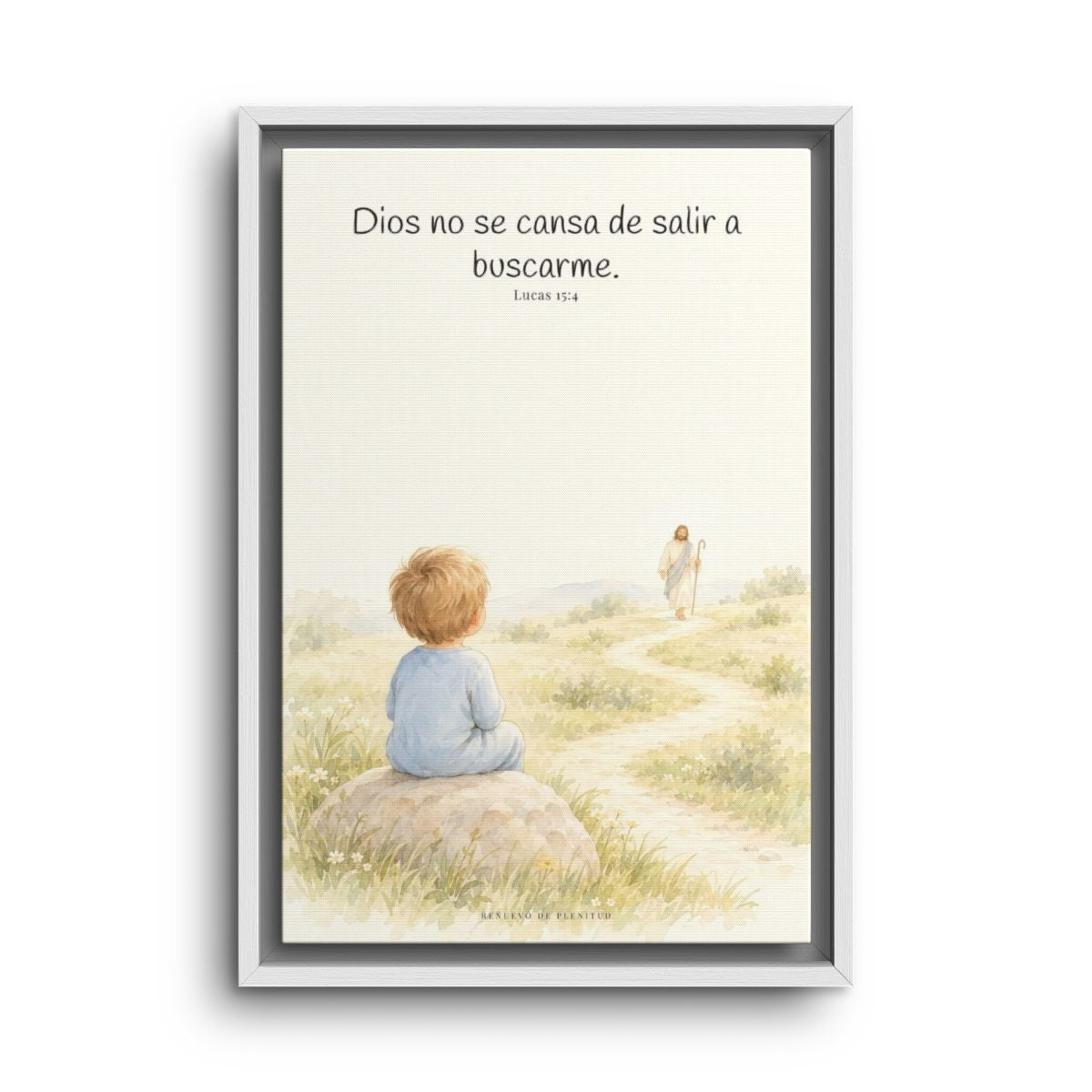 Dios no se cansa de buscarme | Lienzo de fe para el hogar | Lucas 15:4 — 12×18 pulgadas, marco blanco, vista frontal