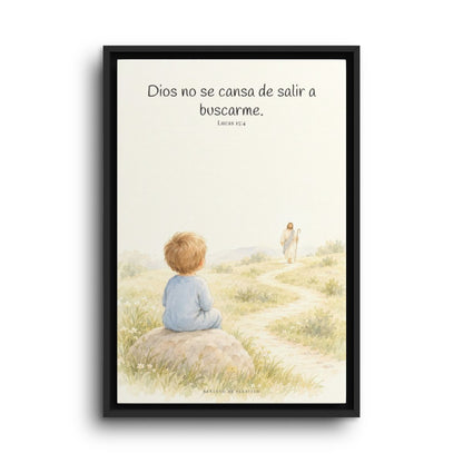Dios no se cansa de buscarme | Lienzo de fe para el hogar | Lucas 15:4 — 16×24 pulgadas, marco negro, vista frontal