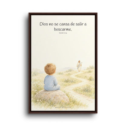 Dios no se cansa de buscarme | Lienzo de fe para el hogar | Lucas 15:4 — 24×36 pulgadas, marco espresso, vista frontal