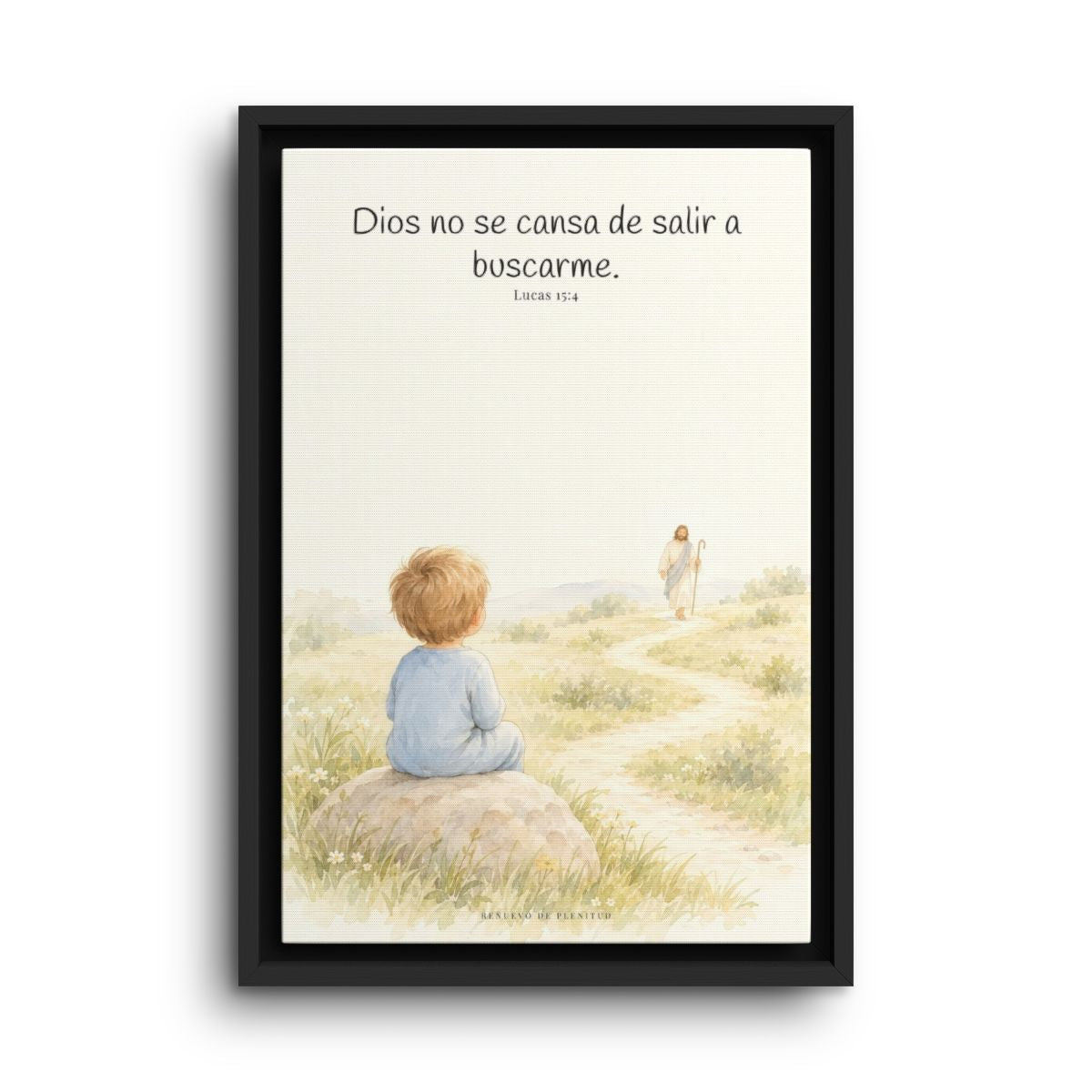 Dios no se cansa de buscarme | Lienzo de fe para el hogar | Lucas 15:4 — 12×18 pulgadas, marco negro, vista frontal