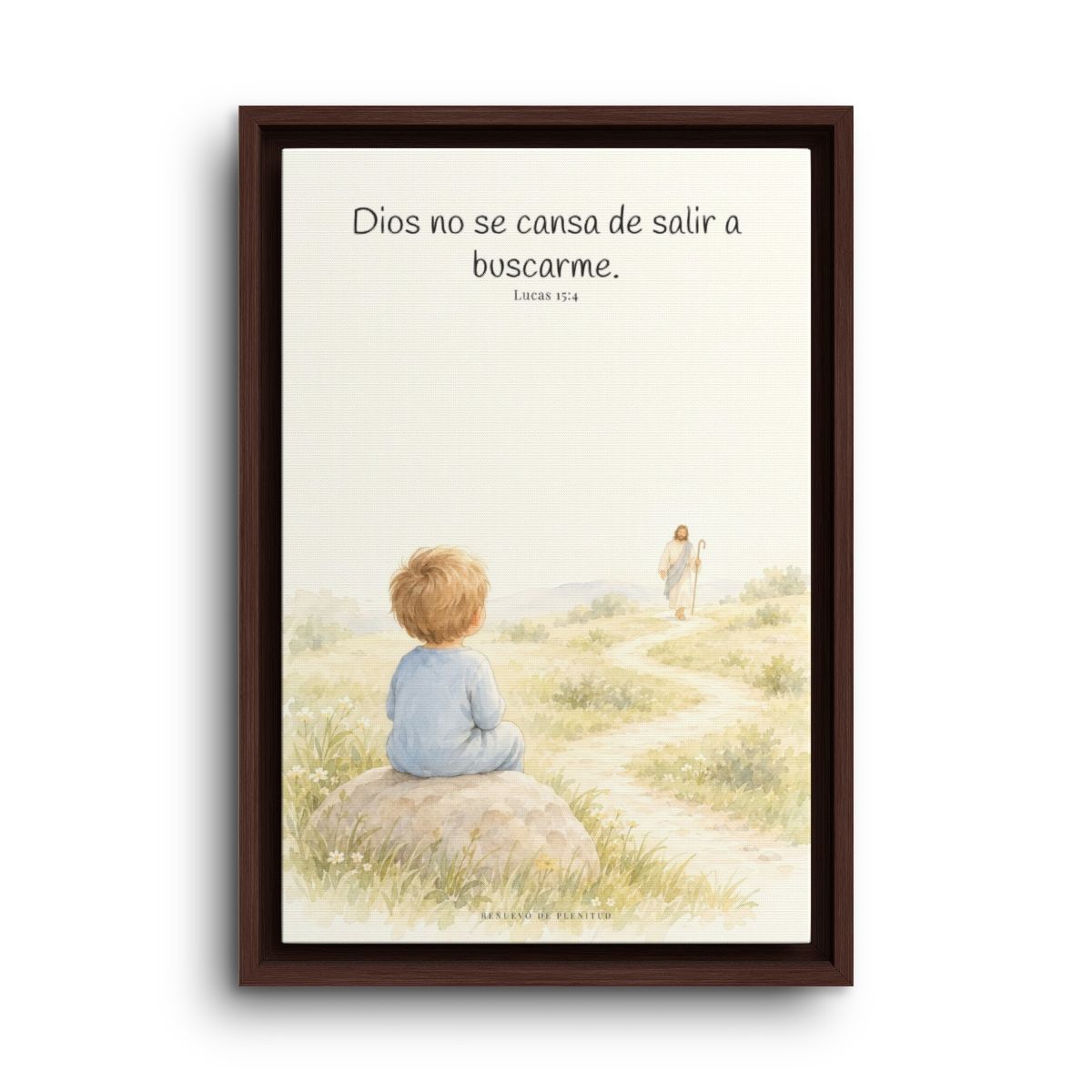 Dios no se cansa de buscarme | Lienzo de fe para el hogar | Lucas 15:4 — 12×18 pulgadas, marco espresso, vista frontal
