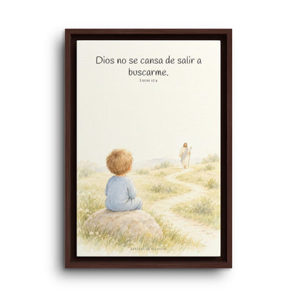 Dios no se cansa de buscarme | Lienzo de fe para el hogar | Lucas 15:4 — 12×18 pulgadas, marco espresso, vista frontal
