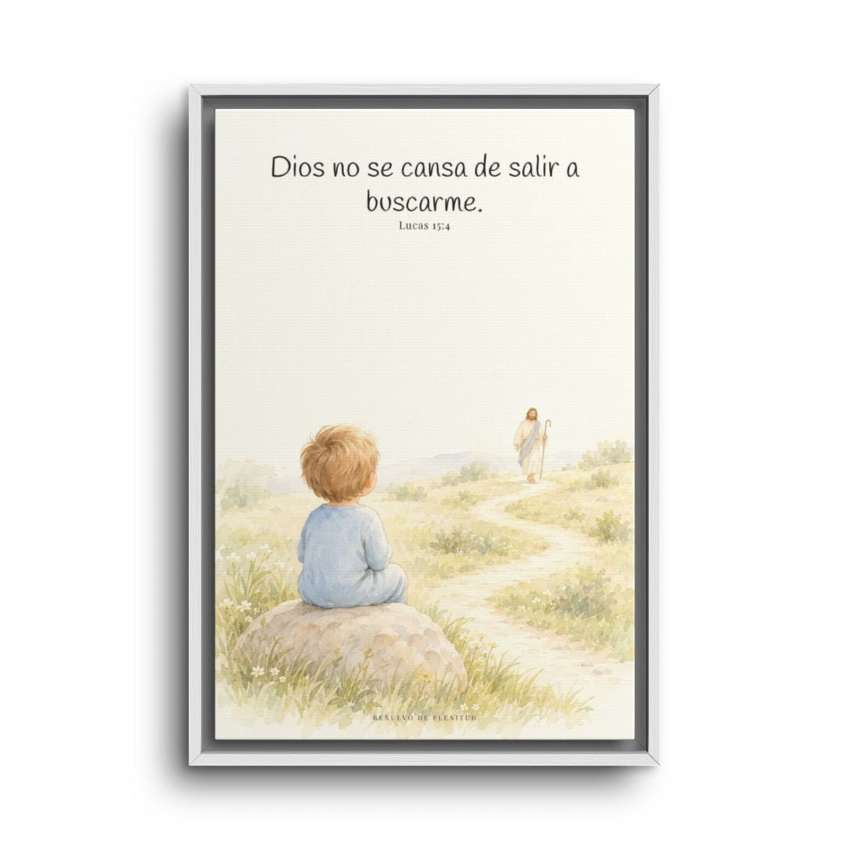 Dios no se cansa de buscarme | Lienzo de fe para el hogar | Lucas 15:4 — 16×24 pulgadas, marco blanco, vista frontal