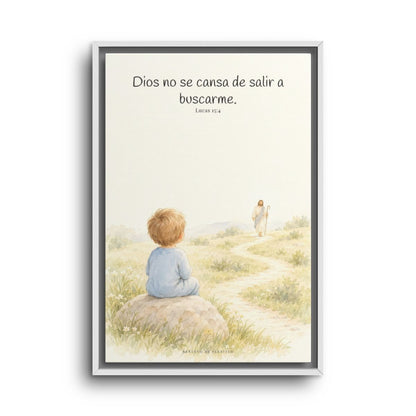 Dios no se cansa de buscarme | Lienzo de fe para el hogar | Lucas 15:4 — 16×24 pulgadas, marco blanco, vista frontal