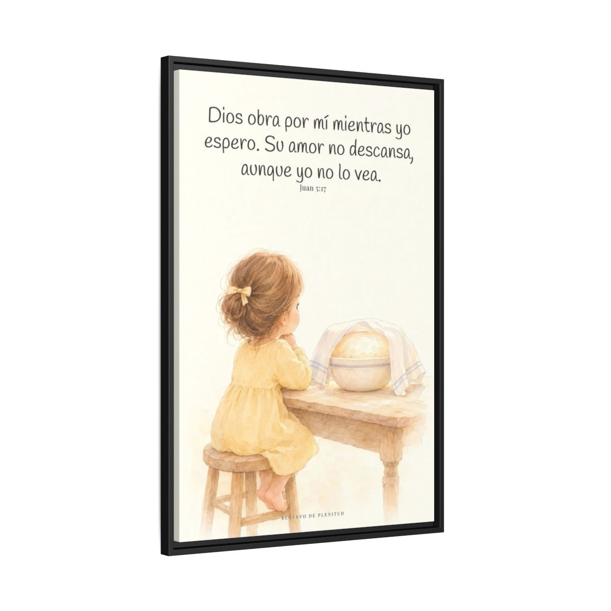 Dios obra por mí mientras yo espero — Lienzo Cristiano Enmarcado | Juan 5:17 — 24×36 pulgadas, marco negro, vista lateral del marco flotante