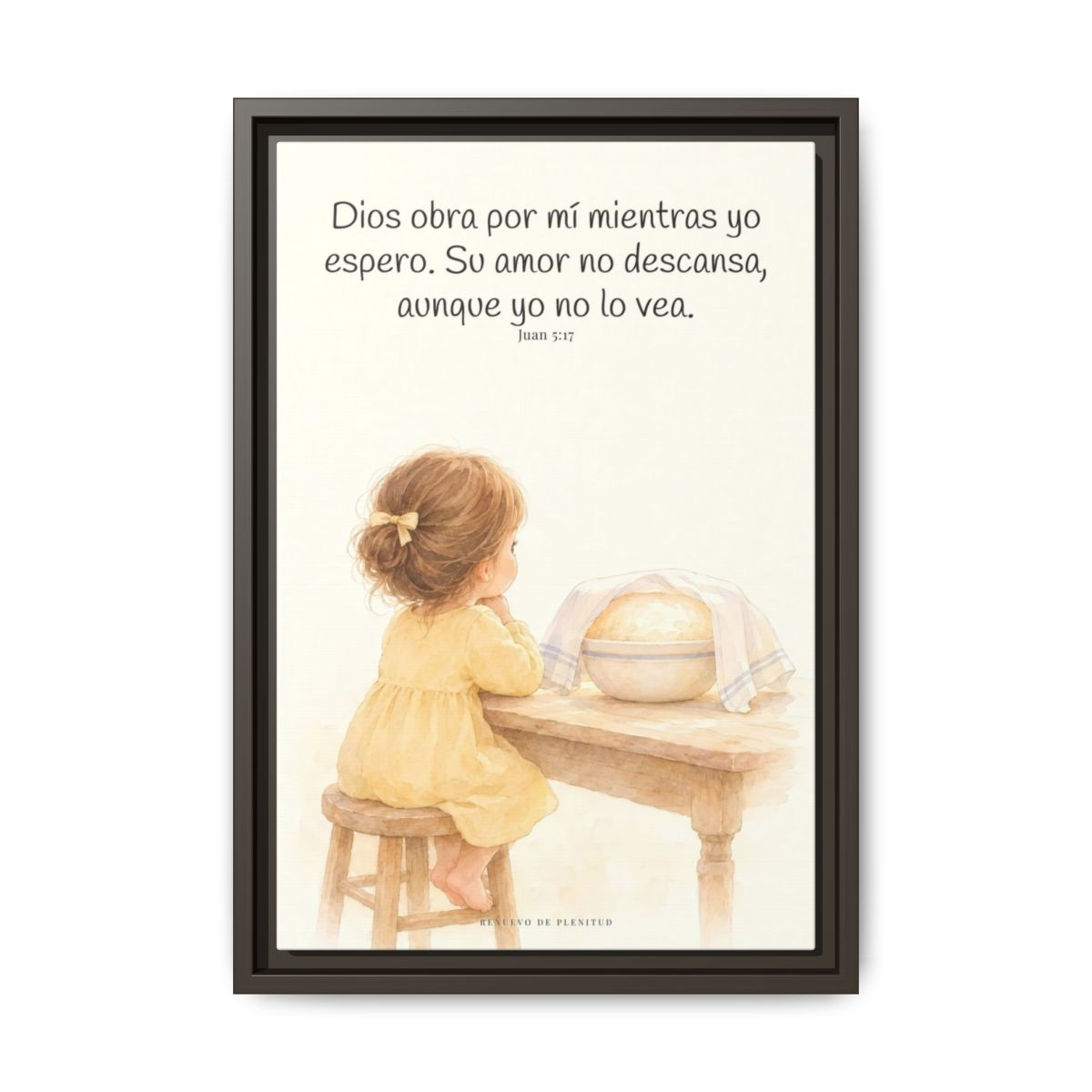 Dios obra por mí mientras yo espero — Lienzo Cristiano Enmarcado | Juan 5:17 — 12×18 pulgadas, marco espresso, vista frontal
