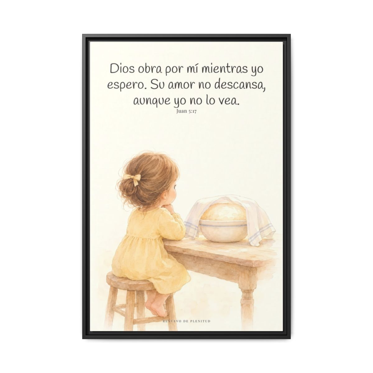 Dios obra por mí mientras yo espero — Lienzo Cristiano Enmarcado | Juan 5:17 — 24×36 pulgadas, marco negro, vista frontal
