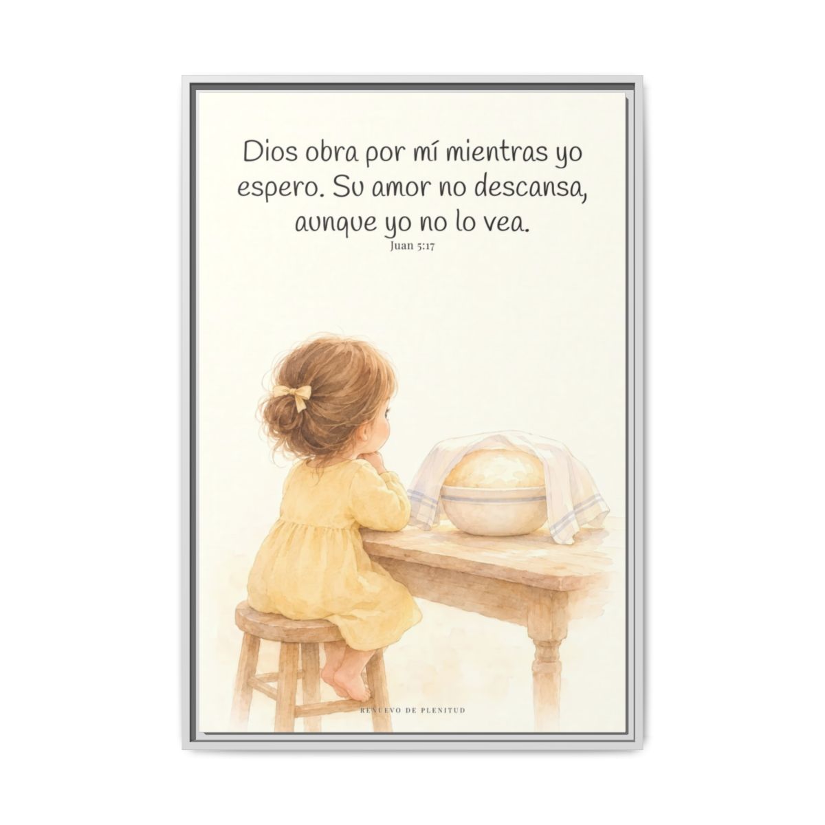Dios obra por mí mientras yo espero — Lienzo Cristiano Enmarcado | Juan 5:17 — 24×36 pulgadas, marco blanco, vista frontal