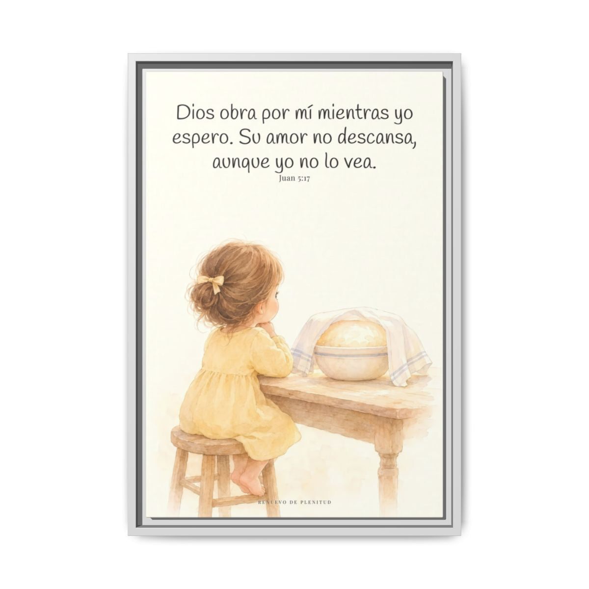 Dios obra por mí mientras yo espero — Lienzo Cristiano Enmarcado | Juan 5:17 — 16×24 pulgadas, marco blanco, vista frontal