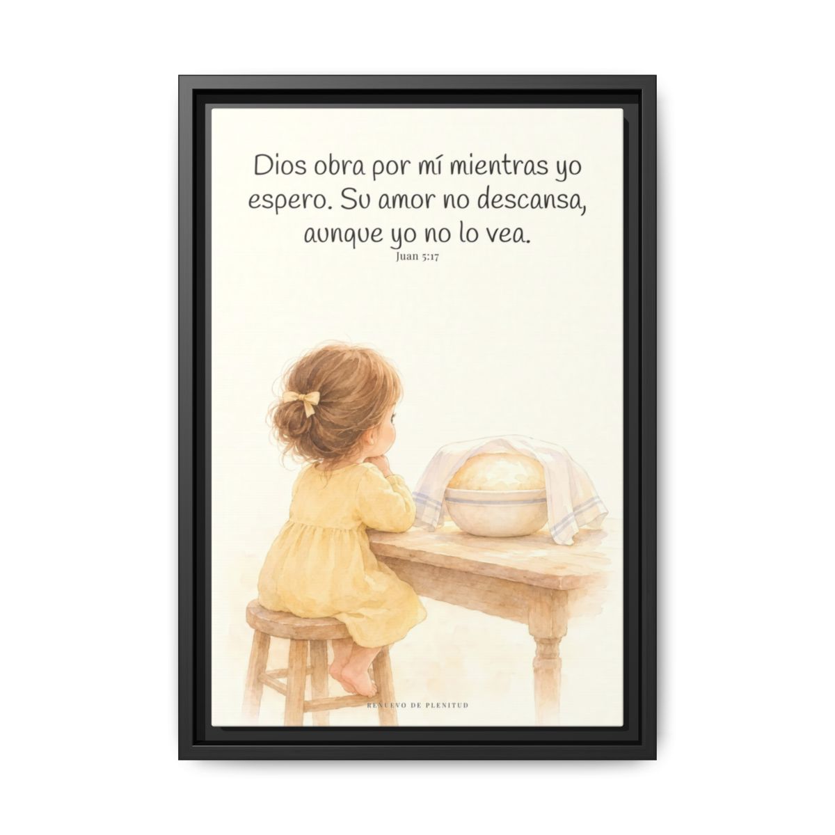 Dios obra por mí mientras yo espero — Lienzo Cristiano Enmarcado | Juan 5:17 — 12×18 pulgadas, marco negro, vista frontal
