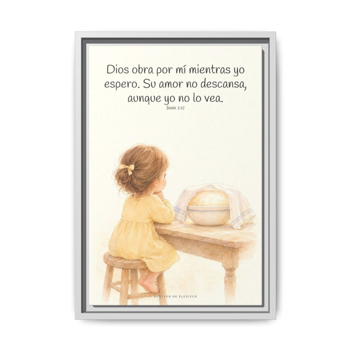 Dios obra por mí mientras yo espero — Lienzo Cristiano Enmarcado | Juan 5:17 — 12×18 pulgadas, marco blanco, vista frontal