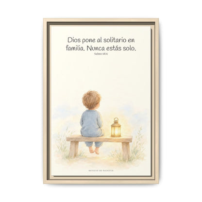 Dios pone al solitario en familia — Lienzo Cristiano Enmarcado | Salmo 68:6 — 12×18 pulgadas, marco natural, vista frontal