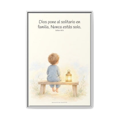 Dios pone al solitario en familia — Lienzo Cristiano Enmarcado | Salmo 68:6 — 24×36 pulgadas, marco blanco, vista frontal