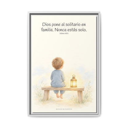 Dios pone al solitario en familia — Lienzo Cristiano Enmarcado | Salmo 68:6 — 16×24 pulgadas, marco blanco, vista frontal