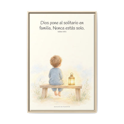 Dios pone al solitario en familia — Lienzo Cristiano Enmarcado | Salmo 68:6 — 24×36 pulgadas, marco natural, vista frontal
