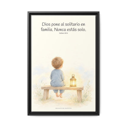 Dios pone al solitario en familia — Lienzo Cristiano Enmarcado | Salmo 68:6 — 16×24 pulgadas, marco negro, vista frontal