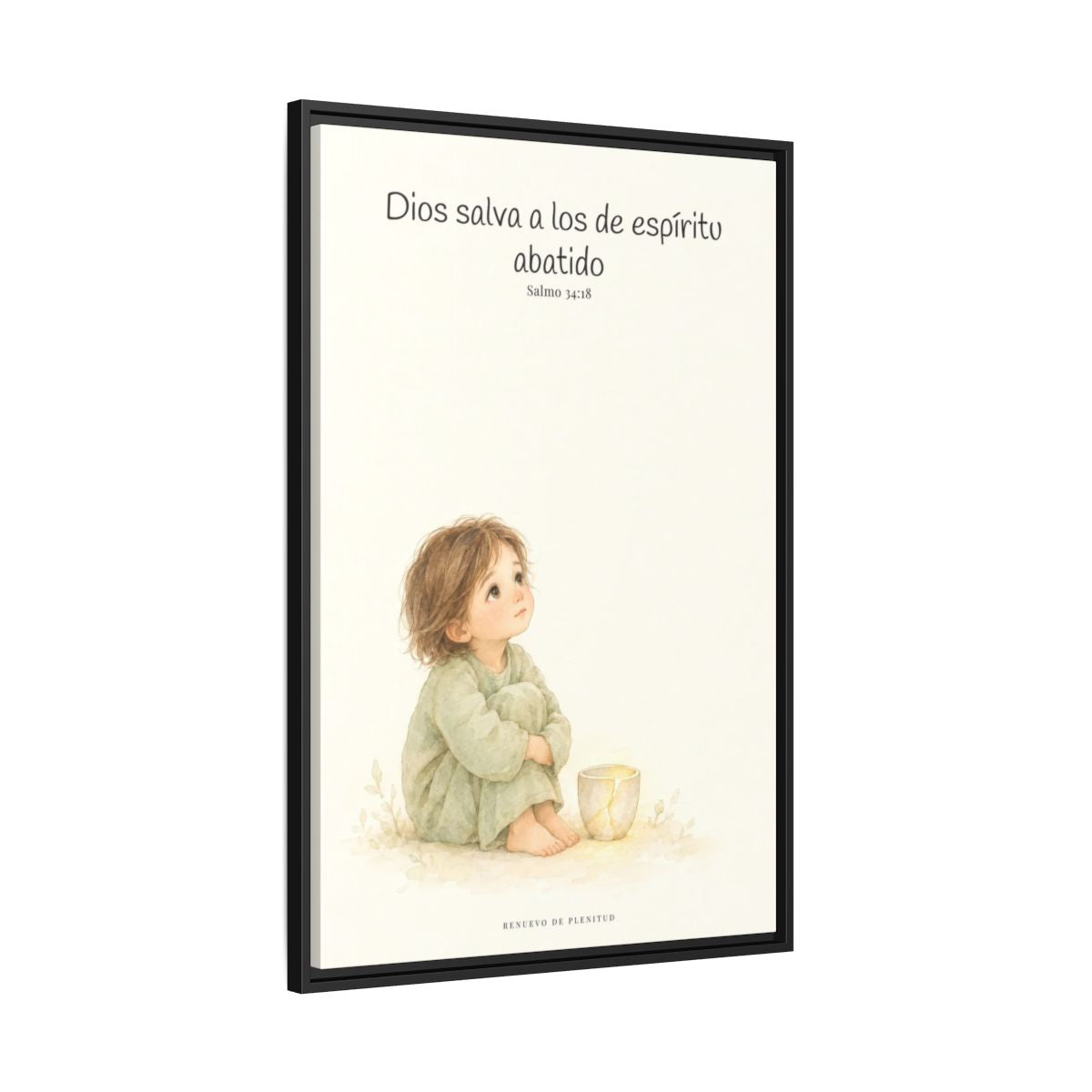 Dios salva al espíritu abatido | Lienzo de fe para el hogar | Salmo 34:18 — 24×36 pulgadas, marco negro, vista lateral del marco flotante