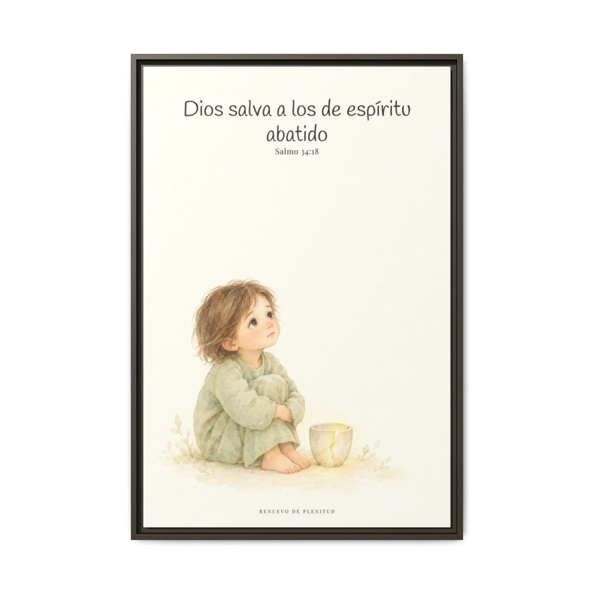 Dios salva al espíritu abatido | Lienzo de fe para el hogar | Salmo 34:18 — 24×36 pulgadas, marco espresso, vista frontal