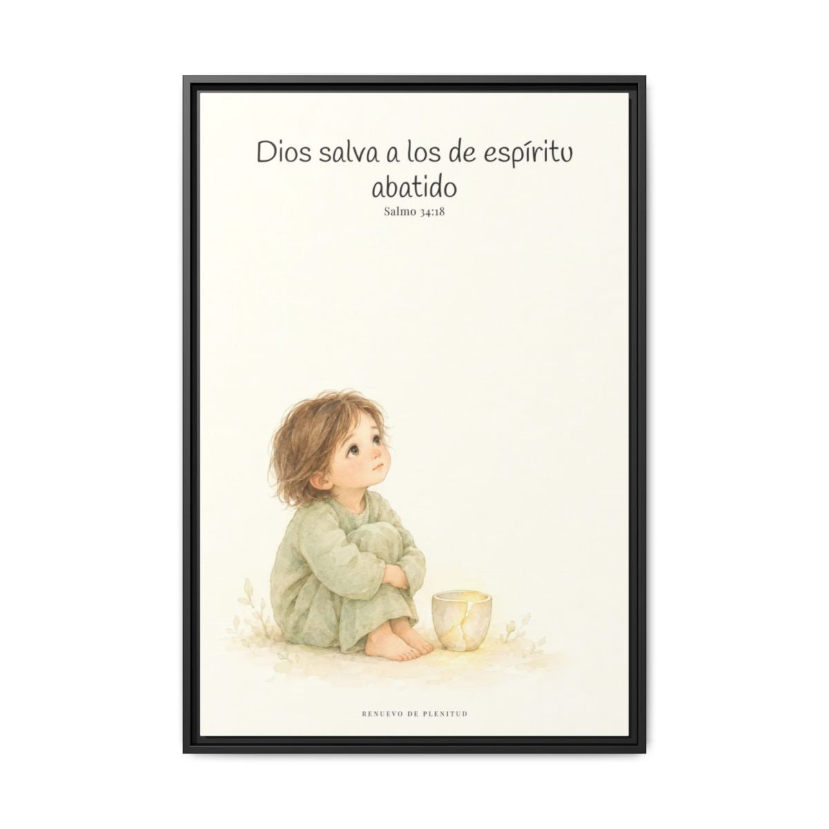 Dios salva al espíritu abatido | Lienzo de fe para el hogar | Salmo 34:18 — 24×36 pulgadas, marco negro, vista frontal