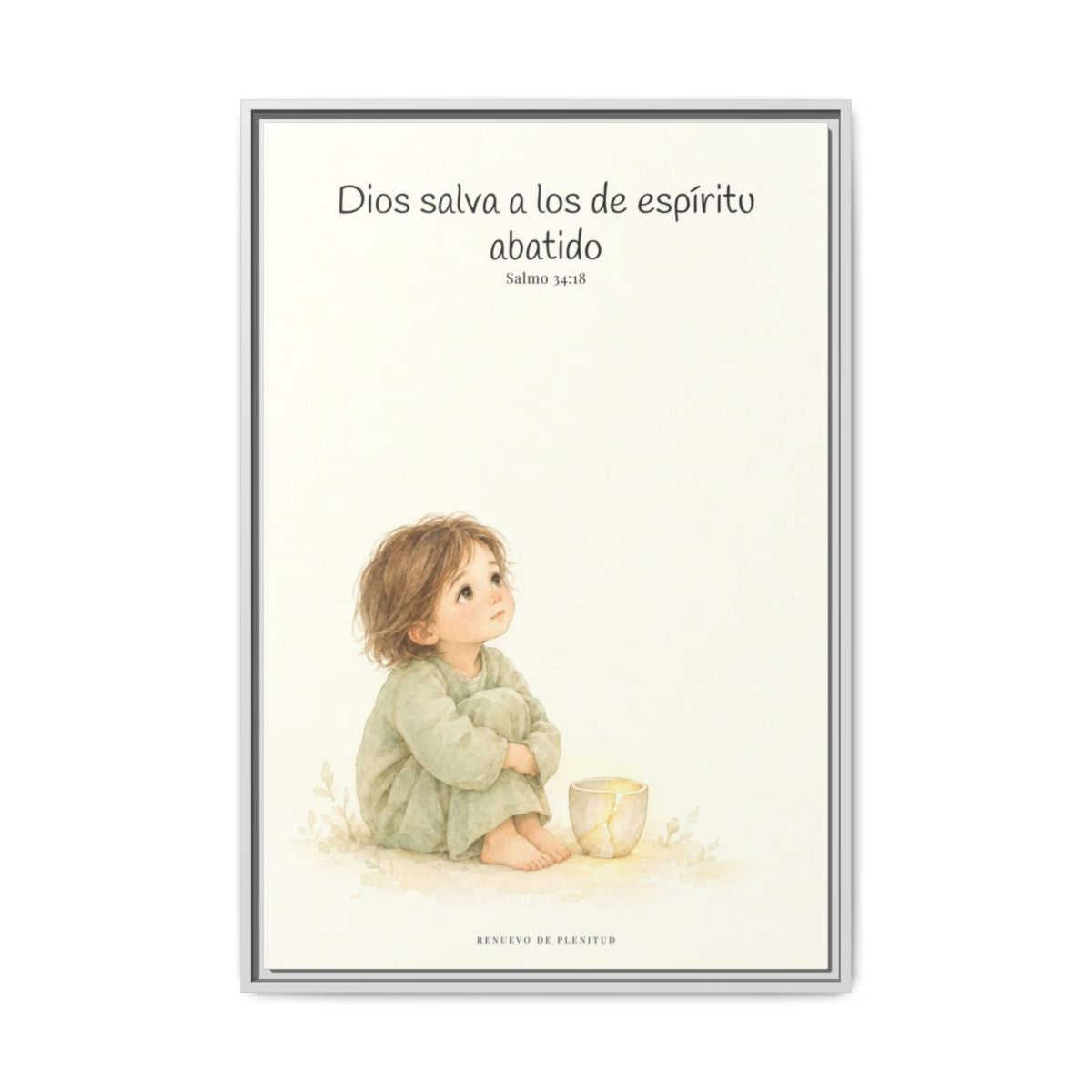 Dios salva al espíritu abatido | Lienzo de fe para el hogar | Salmo 34:18 — 24×36 pulgadas, marco blanco, vista frontal