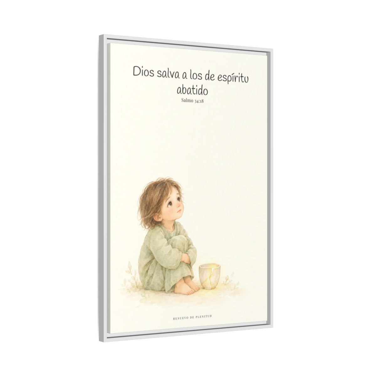 Dios salva al espíritu abatido | Lienzo de fe para el hogar | Salmo 34:18 — 24×36 pulgadas, marco blanco, vista lateral del marco flotante