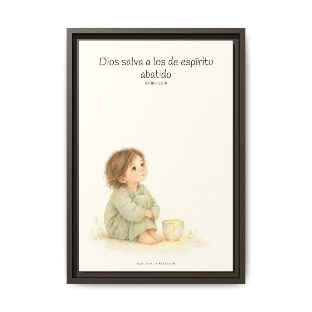 Dios salva al espíritu abatido | Lienzo de fe para el hogar | Salmo 34:18 — 12×18 pulgadas, marco espresso, vista frontal