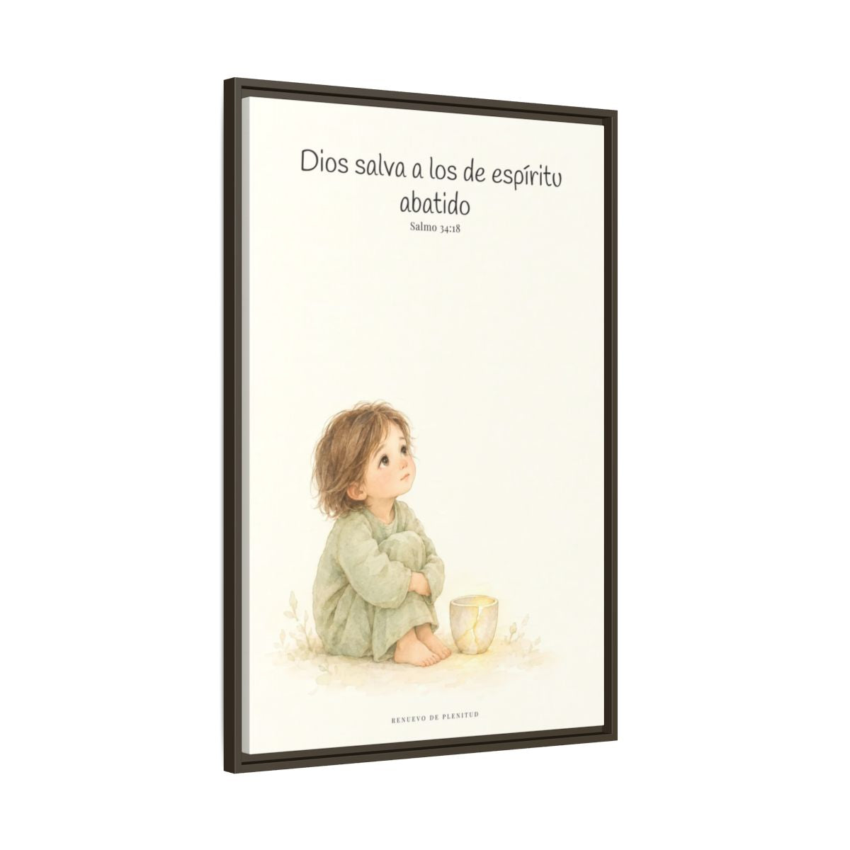 Dios salva al espíritu abatido | Lienzo de fe para el hogar | Salmo 34:18 — 24×36 pulgadas, marco espresso, vista lateral del marco flotante