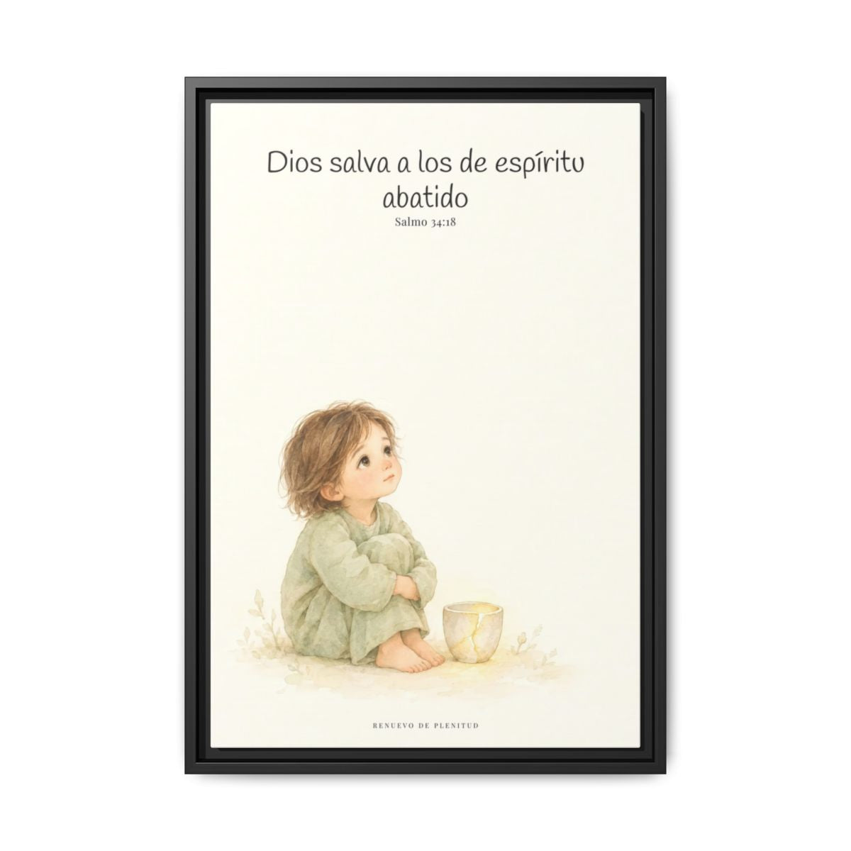 Dios salva al espíritu abatido | Lienzo de fe para el hogar | Salmo 34:18 — 16×24 pulgadas, marco negro, vista frontal