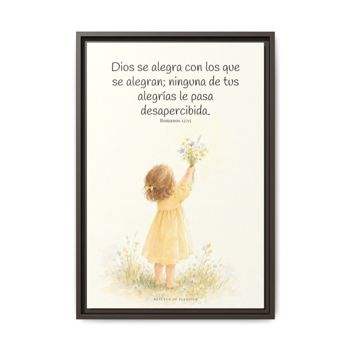 Dios se alegra con los que se alegran — Lienzo Cristiano Enmarcado | Romanos 12:15 — 16×24 pulgadas, marco espresso, vista frontal