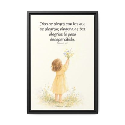 Dios se alegra con los que se alegran — Lienzo Cristiano Enmarcado | Romanos 12:15 — 16×24 pulgadas, marco negro, vista frontal