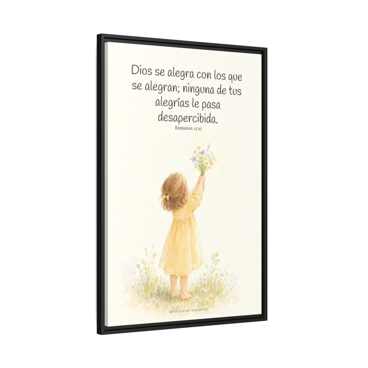 Dios se alegra con los que se alegran — Lienzo Cristiano Enmarcado | Romanos 12:15 — 24×36 pulgadas, marco negro, vista lateral del marco flotante