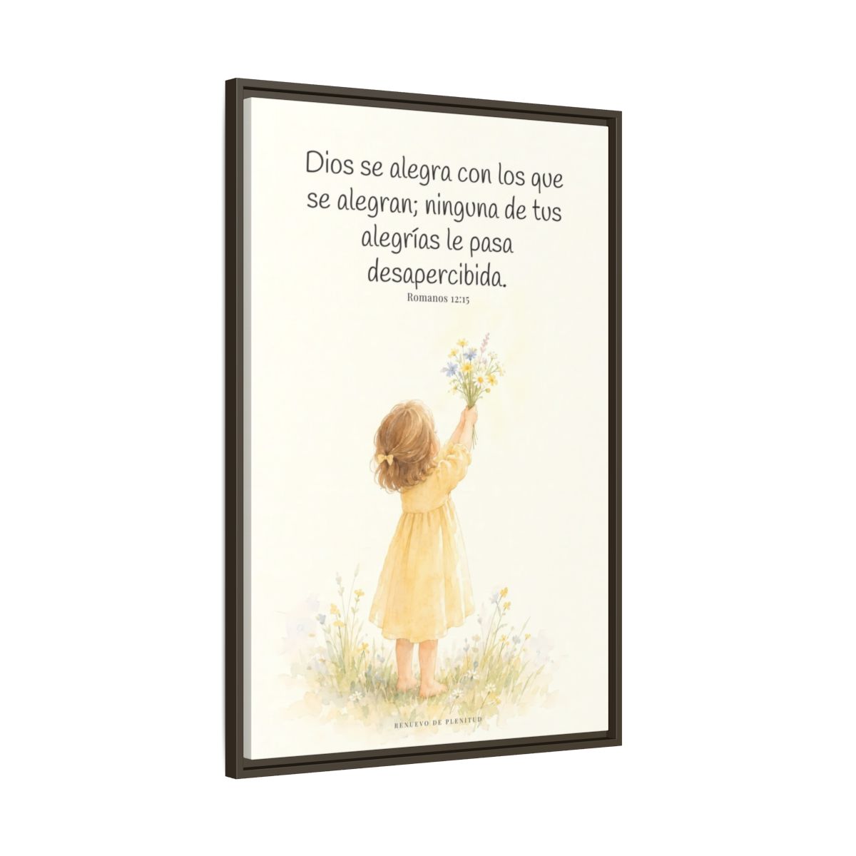 Dios se alegra con los que se alegran — Lienzo Cristiano Enmarcado | Romanos 12:15 — 24×36 pulgadas, marco espresso, vista lateral del marco flotante