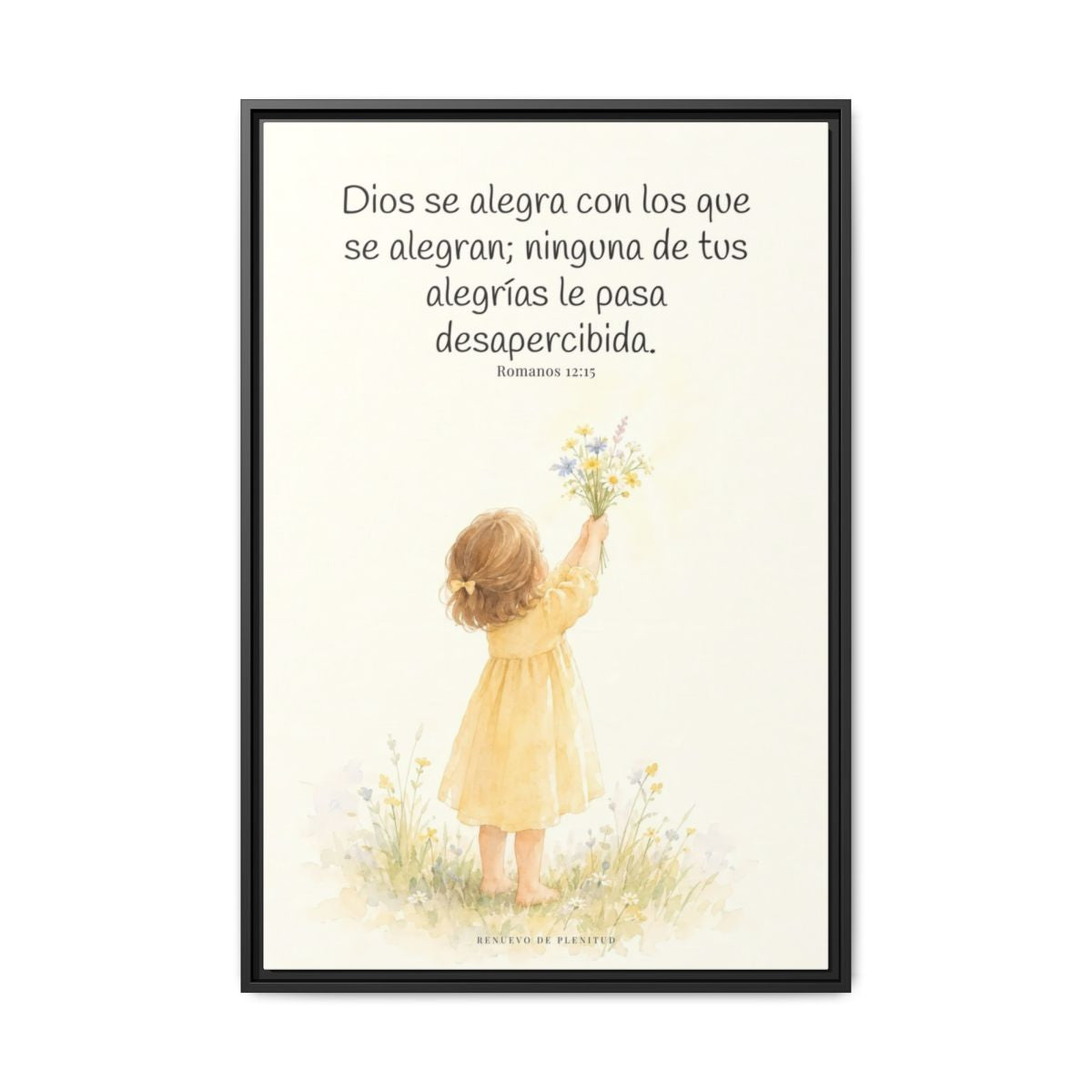 Dios se alegra con los que se alegran — Lienzo Cristiano Enmarcado | Romanos 12:15 — 24×36 pulgadas, marco negro, vista frontal