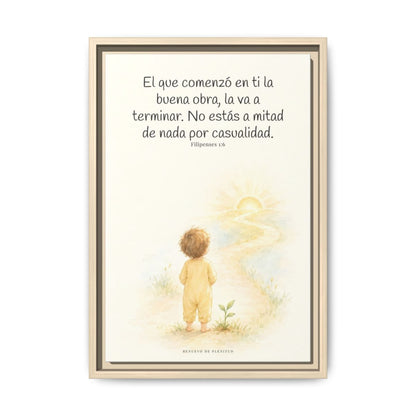 Dios terminará la buena obra que empezó en mí — Lienzo Cristiano Enmarcado | Filipenses 1:6 — 12×18 pulgadas, marco natural, vista frontal