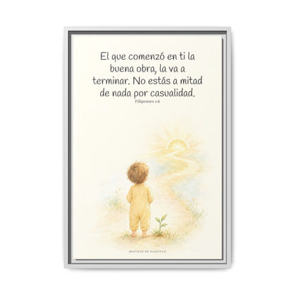 Dios terminará la buena obra que empezó en mí — Lienzo Cristiano Enmarcado | Filipenses 1:6 — 16×24 pulgadas, marco blanco, vista frontal