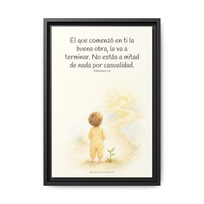 Dios terminará la buena obra que empezó en mí — Lienzo Cristiano Enmarcado | Filipenses 1:6 — 12×18 pulgadas, marco negro, vista frontal