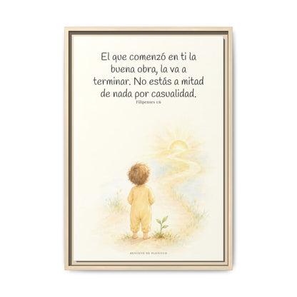 Dios terminará la buena obra que empezó en mí — Lienzo Cristiano Enmarcado | Filipenses 1:6 — 16×24 pulgadas, marco natural, vista frontal