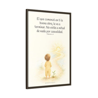 Dios terminará la buena obra que empezó en mí — Lienzo Cristiano Enmarcado | Filipenses 1:6 — 24×36 pulgadas, marco espresso, vista lateral del marco flotante