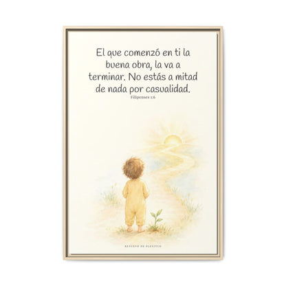 Dios terminará la buena obra que empezó en mí — Lienzo Cristiano Enmarcado | Filipenses 1:6 — 24×36 pulgadas, marco natural, vista frontal