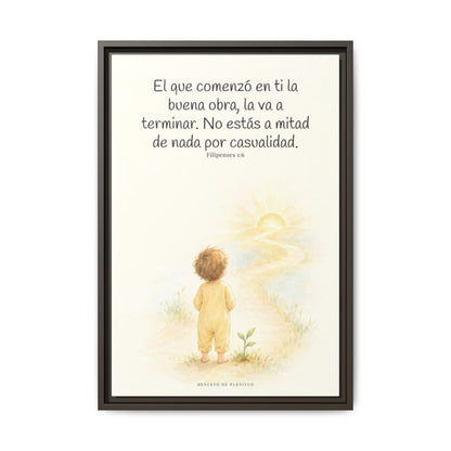 Dios terminará la buena obra que empezó en mí — Lienzo Cristiano Enmarcado | Filipenses 1:6 — 16×24 pulgadas, marco espresso, vista frontal