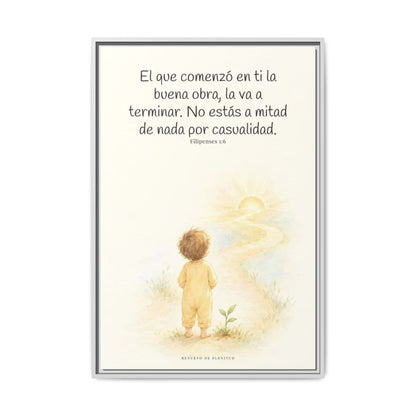 Dios terminará la buena obra que empezó en mí — Lienzo Cristiano Enmarcado | Filipenses 1:6 — 24×36 pulgadas, marco blanco, vista frontal