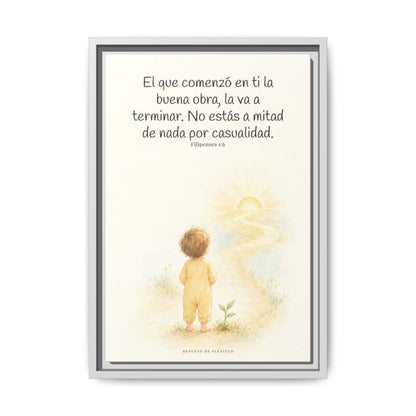 Dios terminará la buena obra que empezó en mí — Lienzo Cristiano Enmarcado | Filipenses 1:6 — 12×18 pulgadas, marco blanco, vista frontal